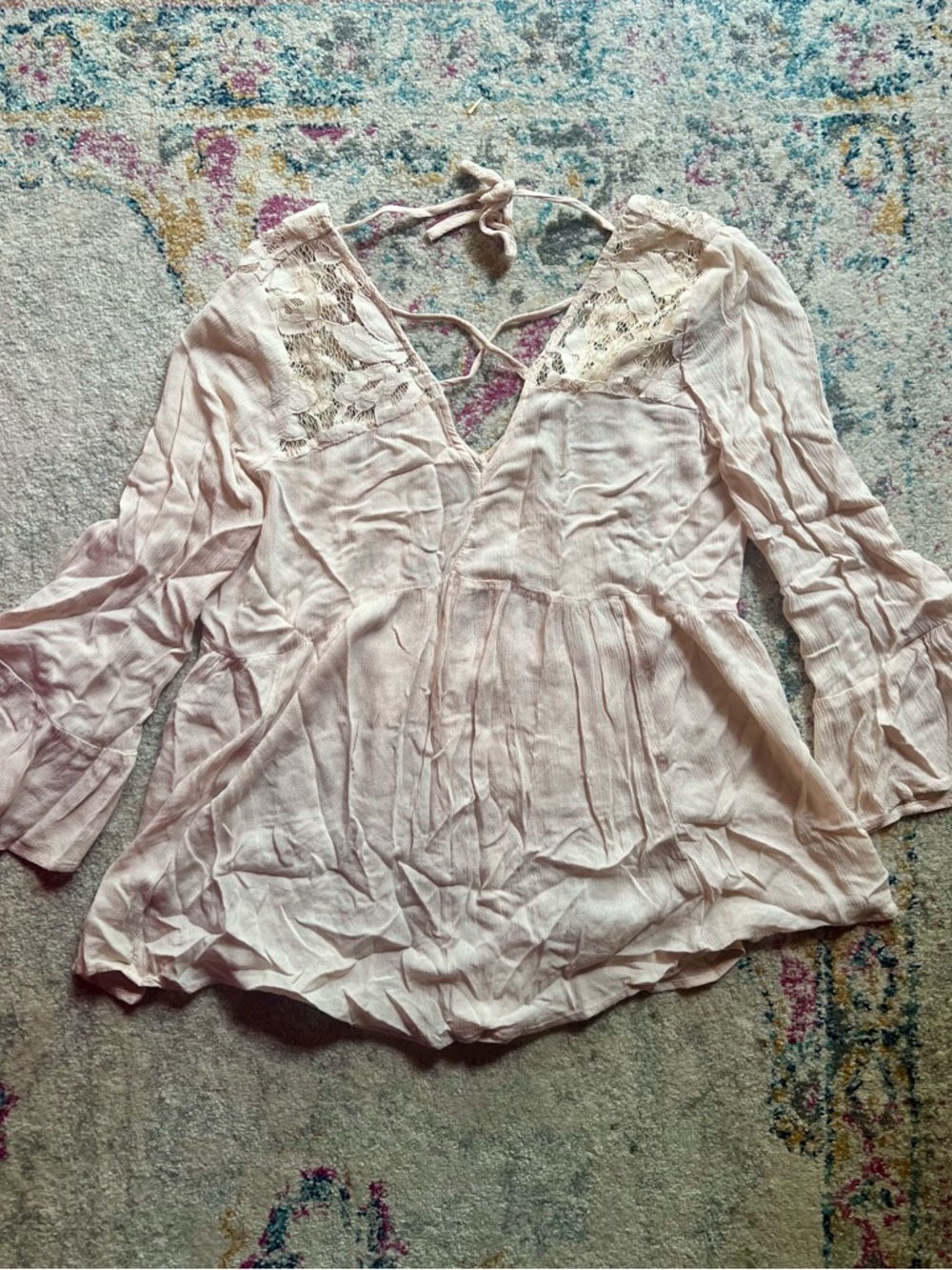 🦅🌺American Eagle Outfitters Cream Lace-Yoke Bell Sleeve Tunic🌺🦅 - Picture 12 of 12
